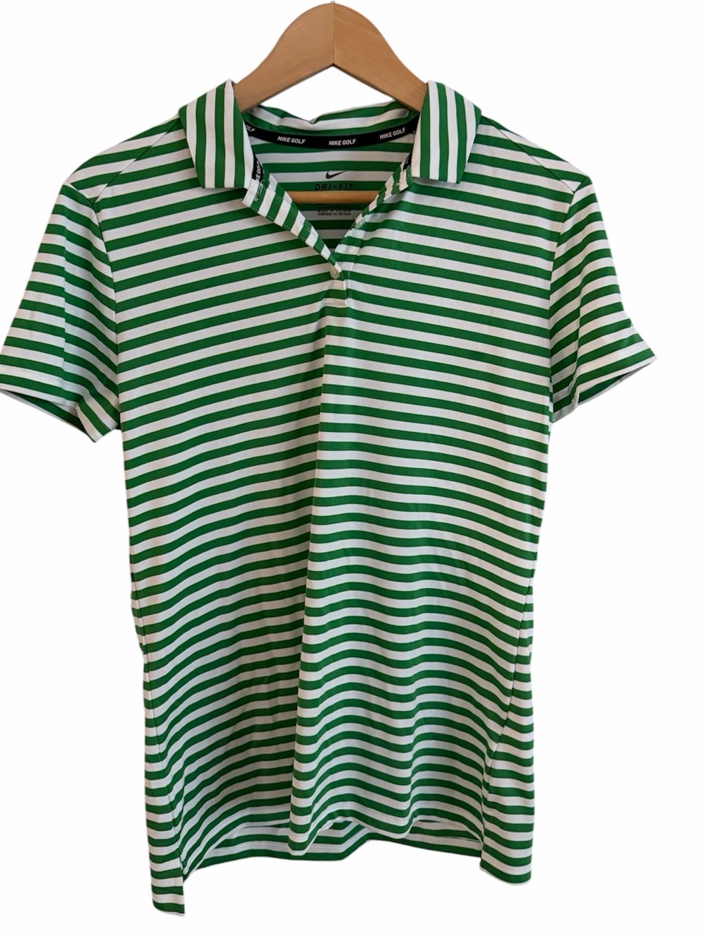 Nike Women’s Green and White Striped Polo Shirt Size Medium